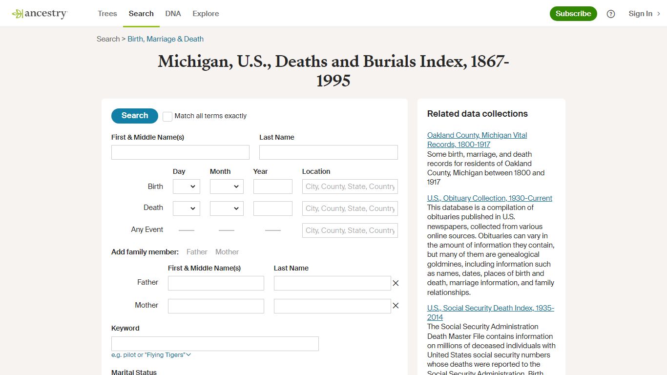 Michigan, U.S., Deaths and Burials Index, 1867-1995 - Ancestry